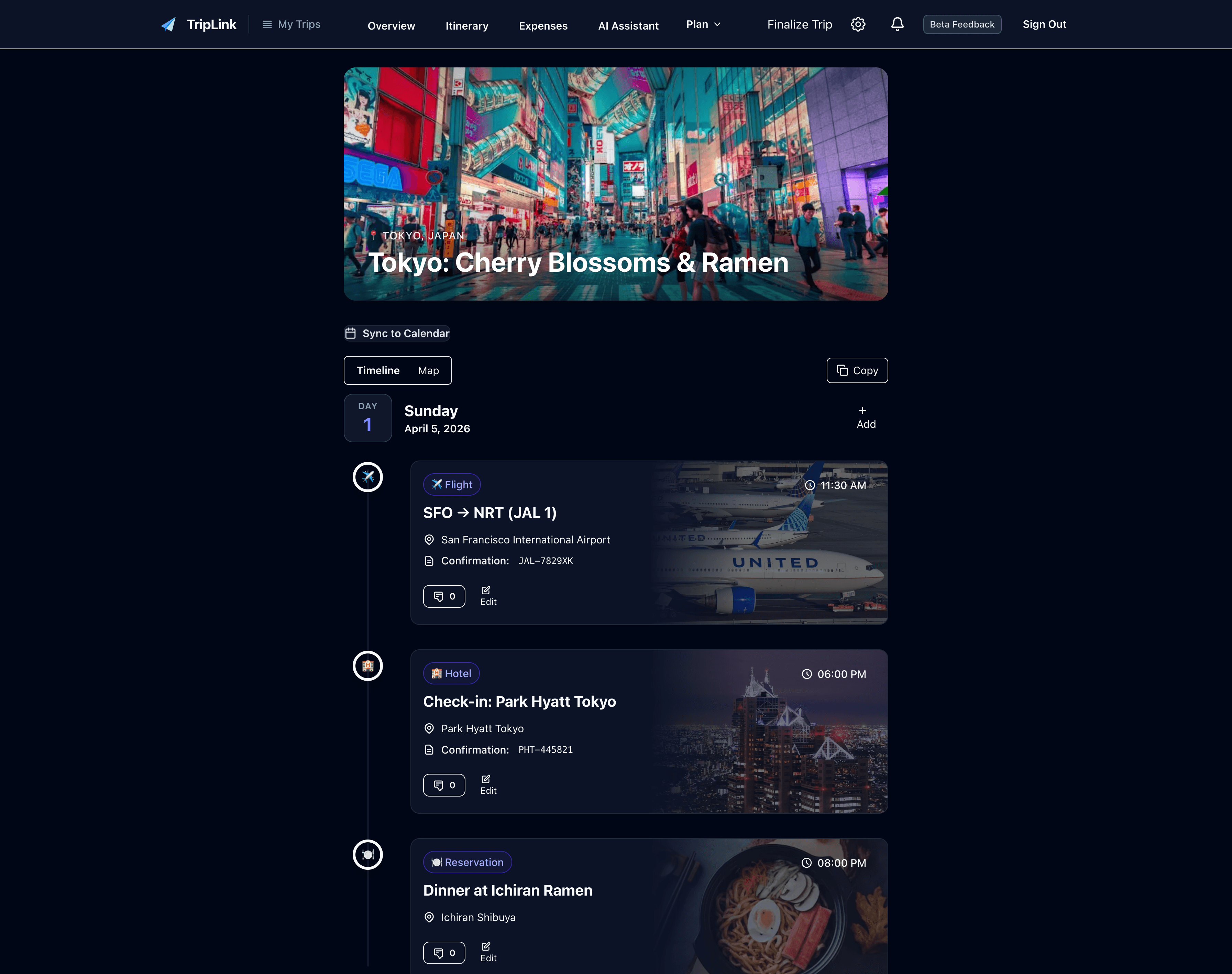 TripLink itinerary view in dark mode
